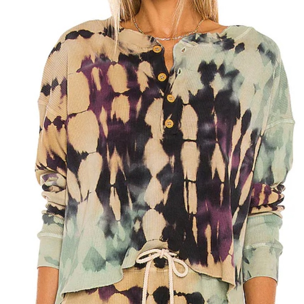 Free People Tie-Dye Waffle Henley Top — Purple, Green, Black